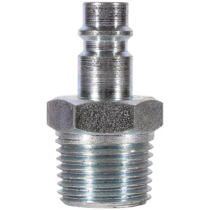 The SIP - 1/2" Full Flow Male Bayonet Adaptor - SIP-05096 from SIP features a hexagonal nut base and a threaded lower section, is made from hardened steel, and supports a flow rate of 3500 liters per minute.