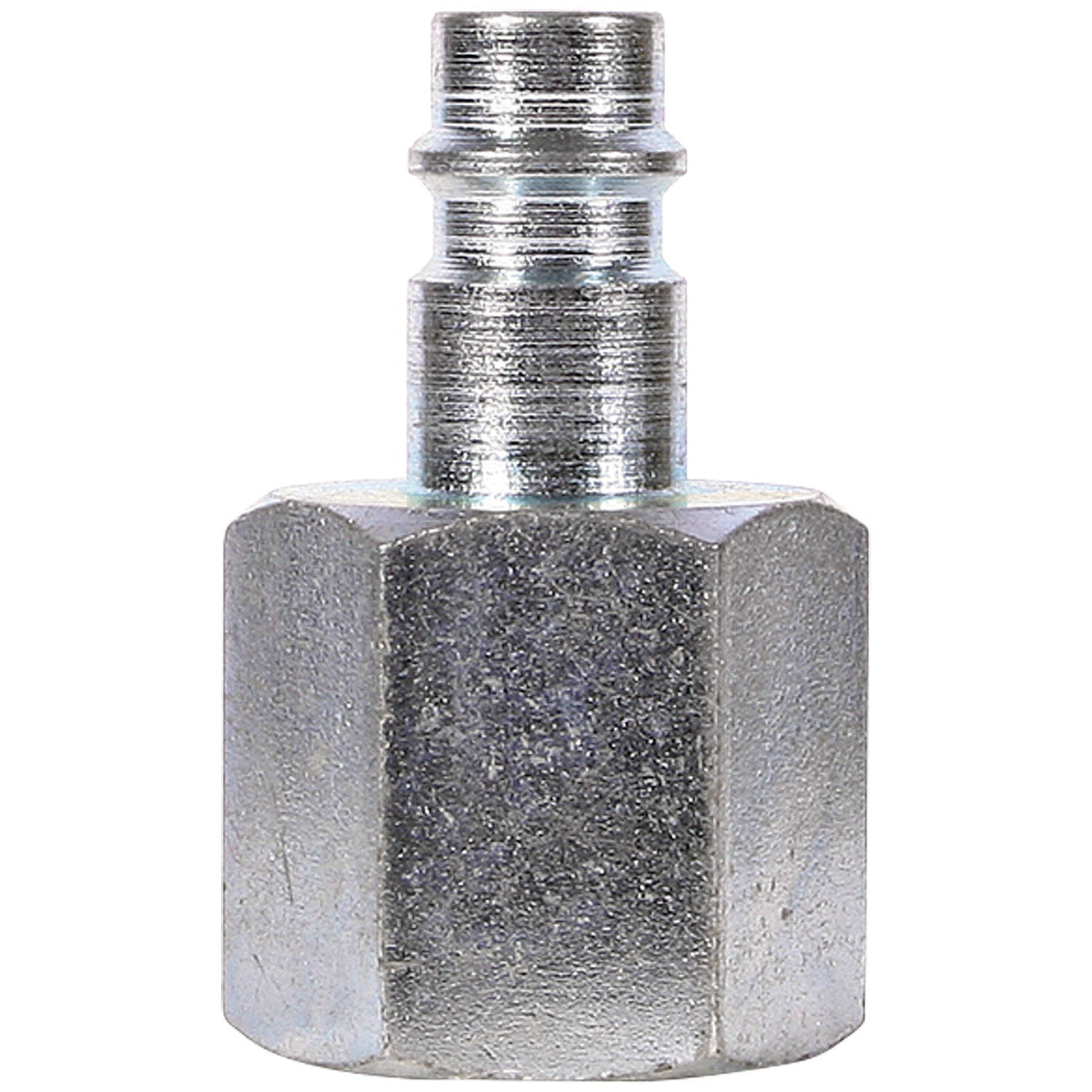 Close-up image of the SIP - 1/2" Full Flow Female Bayonet Adaptor (SIP-05097) with a threaded end and smooth cylindrical top, crafted from hardened steel.
