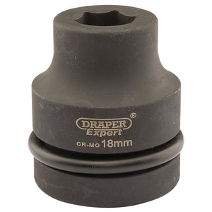 A Draper Expert Hi-Torq® 6 Point Impact Socket, model 425-MM with a 1" square drive and an 18mm size, is shown against a white background. The durable black socket, made by Draper, features a protective rubber ring near its base and is ideal for use with air impact wrenches.