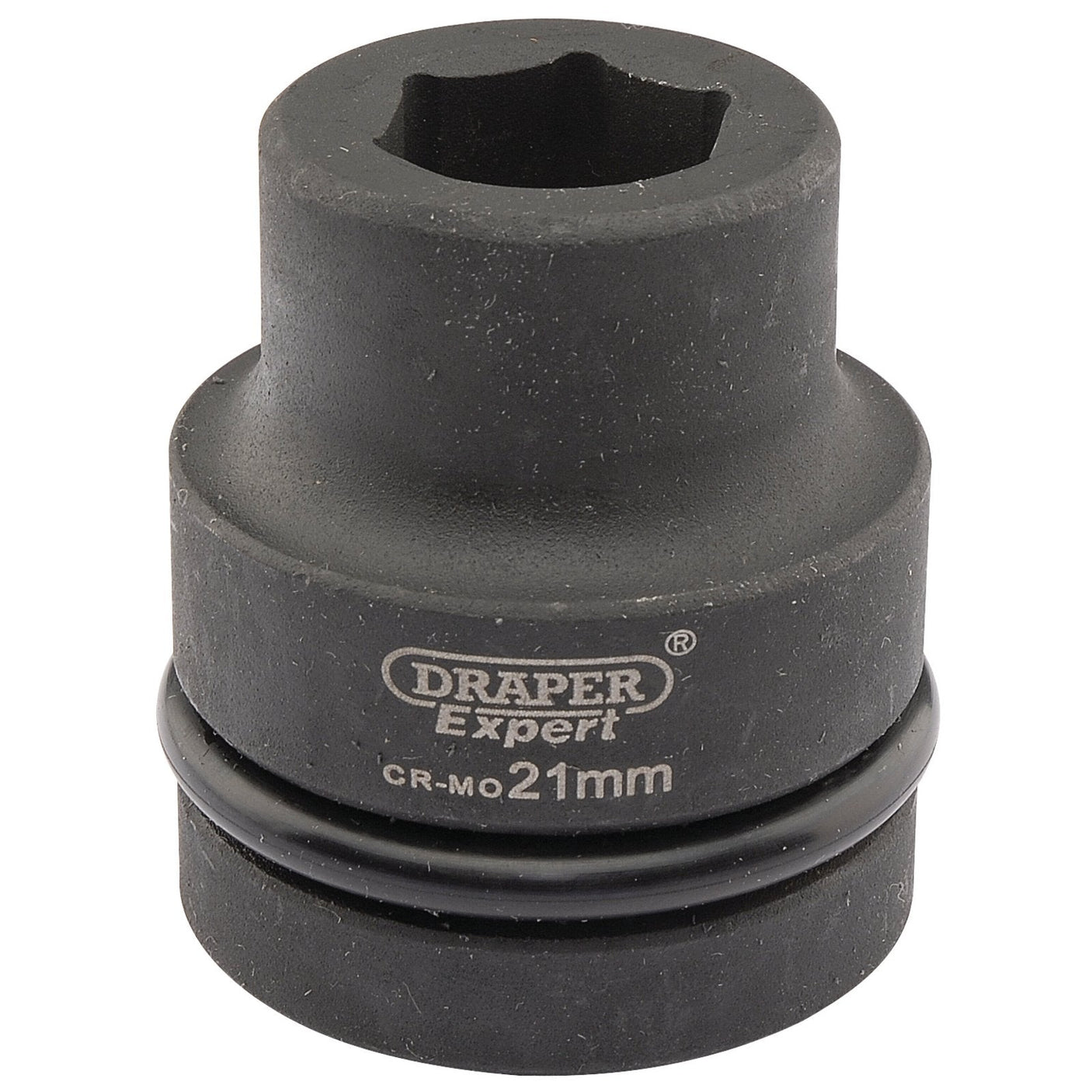 Close-up view of a black Draper Expert Hi-Torq® 6 Point Impact Socket, 1" Sq. Dr., 21mm - 425-MM, perfect for use with air impact wrenches.