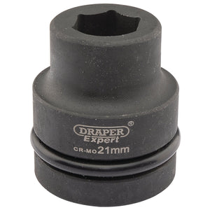 Close-up view of a black Draper Expert Hi-Torq® 6 Point Impact Socket, 1" Sq. Dr., 21mm - 425-MM, perfect for use with air impact wrenches.