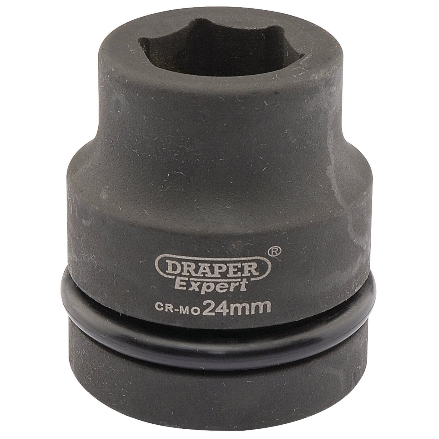 Product Description: The Draper Expert Hi-Torq® 6 Point Impact Socket with a 1" square drive and measuring 24mm (product code: 425-MM), featuring a black finish, CR-MO marking, and a rubber ring around its base, is designed for use with impact wrench tools.