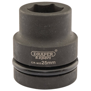 The Draper Expert Hi-Torq® 6 Point Impact Socket, 1" Sq. Dr., with a 25mm size marking and black finish, features visible branding and is designed with corrosion protection for lasting durability.