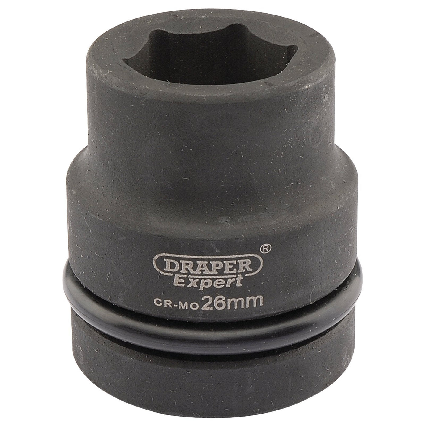 The Draper Expert Hi-Torq® 6 Point Impact Socket, 1" Sq. Dr., 26mm - 425-MM features a black plastic ring around its circumference and is crafted with durable chrome molybdenum sockets for superior performance.