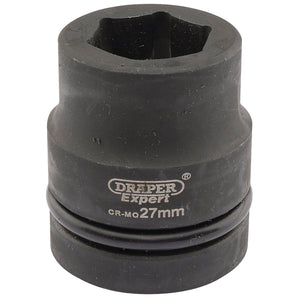 The Draper Expert Hi-Torq® 6 Point Impact Socket, 1" Sq. Dr., 27mm - 425-MM, made from durable chrome molybdenum and labeled "CR-MO 27mm," is designed for use with 27mm hexagonal nuts and bolts. This black impact socket from Draper is perfectly suited for impact wrenches, ensuring efficient and reliable performance.