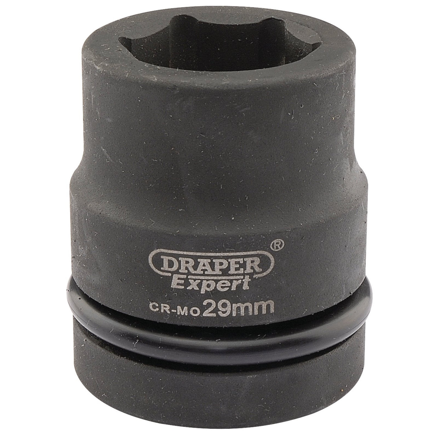 Close-up of a Draper Expert Hi-Torq® 6 Point Impact Socket, 1" square drive, 29mm - 425-MM, featuring a black, hexagonal design with the brand and size inscribed on it.