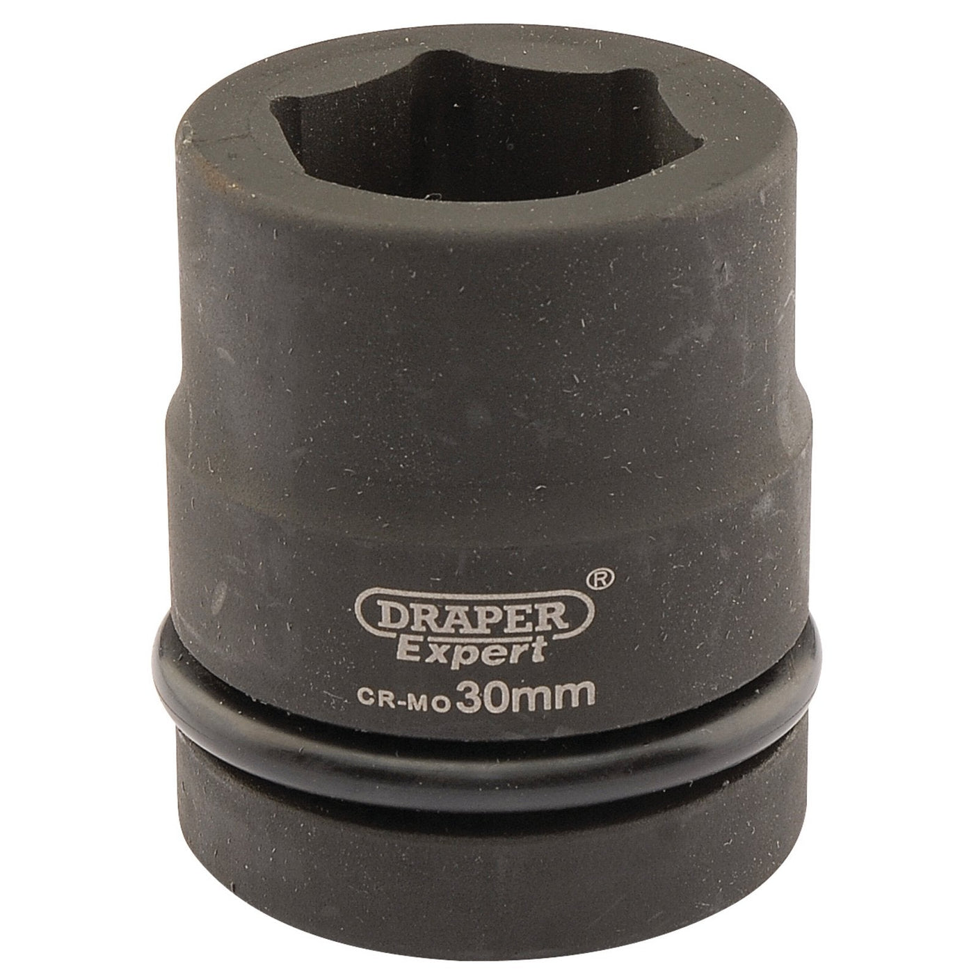 A Draper Expert Hi-Torq® 6 Point Impact Socket, 1" Square Drive, 30mm - 425-MM, with hexagonal opening and O-ring.