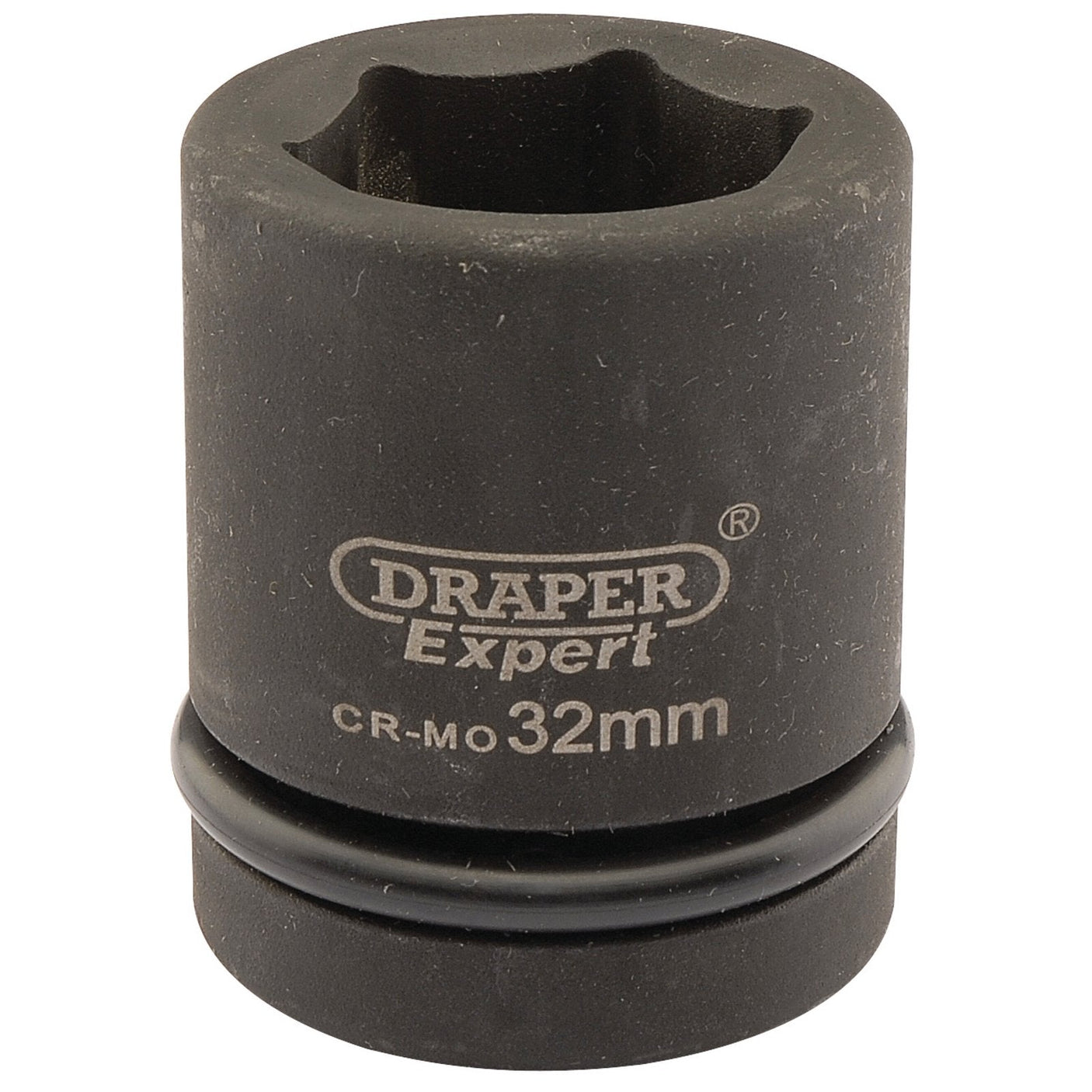 A Draper Expert Hi-Torq® 6 Point Impact Socket, part number 425-MM, in black with a 32mm size and hexagonal opening. It features a rubber ring around its circumference and a 1" square drive that is compatible with air, electric, and manual impact wrenches.