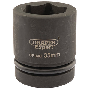 The Draper Expert Hi-Torq® 6 Point Impact Socket, 1" Sq. Dr., 35mm - 425-MM is a durable tool made from chrome molybdenum with a black finish and an embossed logo, ensuring reliable performance.