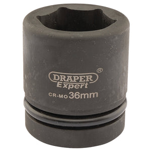 A 36mm Draper Expert Hi-Torq® 6 Point Impact Socket (1" Sq. Dr., model 425-MM) is shown. The black chrome molybdenum socket features white text indicating the brand name and size, perfect for use with impact wrenches.