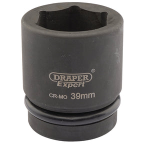 The Draper Expert Hi-Torq® 6 Point Impact Socket, 1" Sq. Dr., 39mm - 425-MM, is a black socket designed for use with impact wrenches. Crafted from chrome molybdenum, it features a hexagonal opening and a robust, durable exterior.
