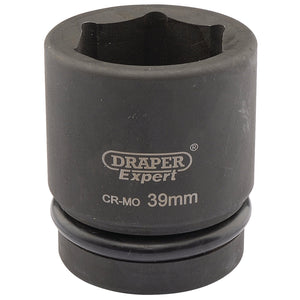 The Draper Expert Hi-Torq® 6 Point Impact Socket, 1" Sq. Dr., 39mm - 425-MM, is a black socket designed for use with impact wrenches. Crafted from chrome molybdenum, it features a hexagonal opening and a robust, durable exterior.