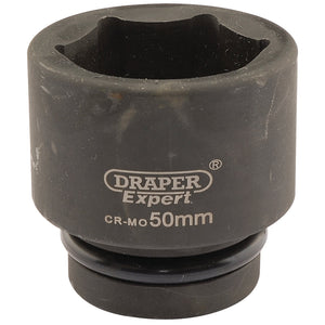 A black Draper Expert Hi-Torq® 6 Point Impact Socket, 1" Sq. Dr., 50mm (model: 425-MM) with visible wear marks, ideal for use with air, electric, or manual impact wrenches.