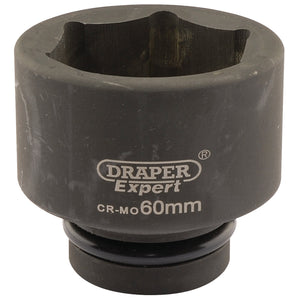 The Draper Expert Hi-Torq® 6 Point Impact Socket, 1" Sq. Dr., 60mm - 425-MM, features a black finish and is built for heavy-duty use with air impact wrenches, offering built-in corrosion protection.