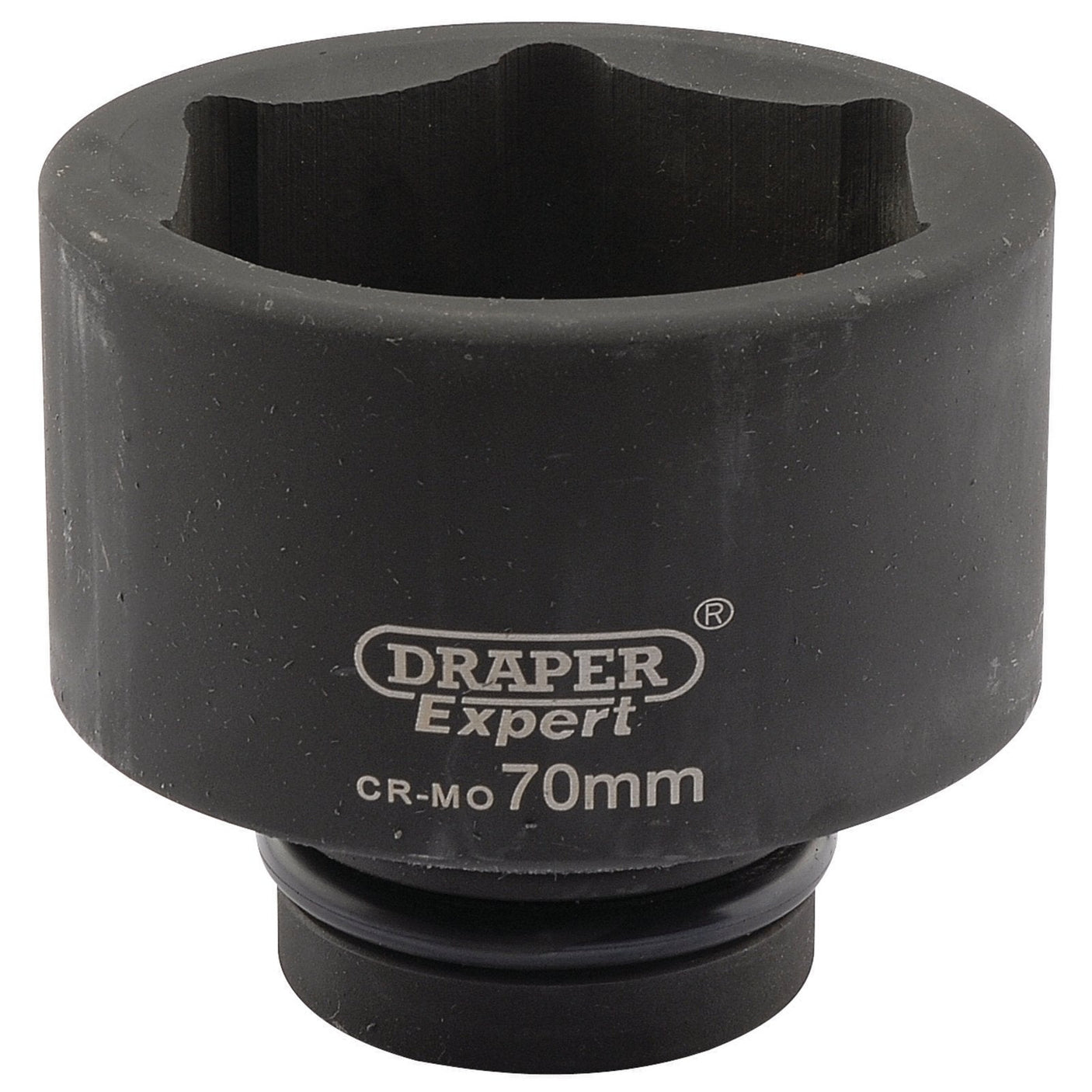 A Draper Expert Hi-Torq® 6 Point Impact Socket with a black finish, made of hardened chrome molybdenum material and designed as a 1" square drive impact socket, in a 70mm size (product code: 425-MM).