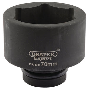 A Draper Expert Hi-Torq® 6 Point Impact Socket with a black finish, made of hardened chrome molybdenum material and designed as a 1" square drive impact socket, in a 70mm size (product code: 425-MM).