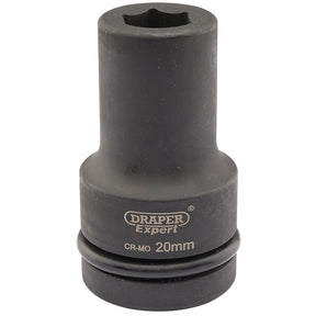 A black 20mm deep impact socket labeled "Draper Expert Hi-Torq® 6 Point Deep Impact Socket, 1" Sq. Dr., 20mm - 425D-MM" and "CR-MO," designed for use with impact wrenches by Draper.