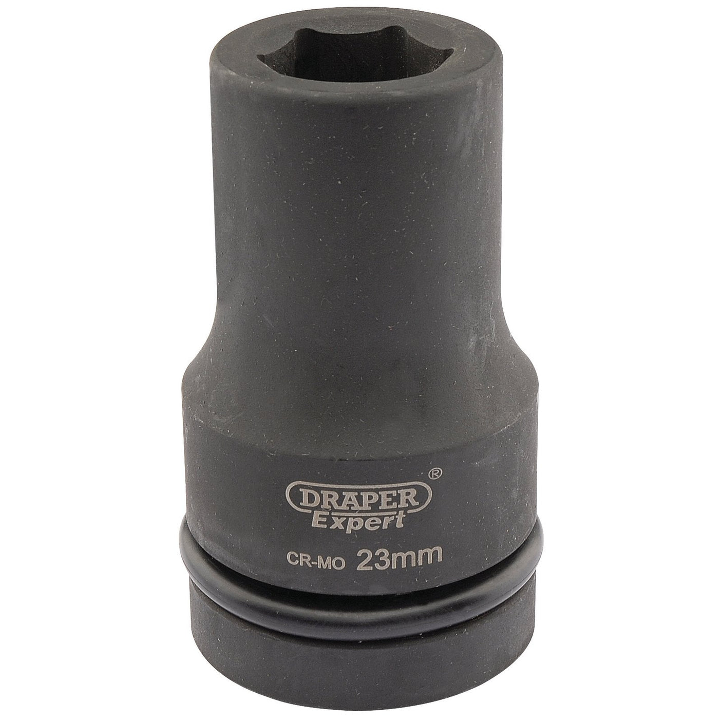 A Draper Expert Hi-Torq® 6 Point Deep Impact Socket, 1" Sq. Dr., 23mm - 425D-MM with a black finish, used for mechanical purposes.