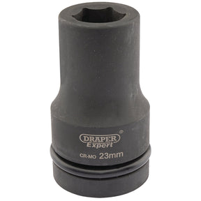 A Draper Expert Hi-Torq® 6 Point Deep Impact Socket, 1" Sq. Dr., 23mm - 425D-MM with a black finish, used for mechanical purposes.