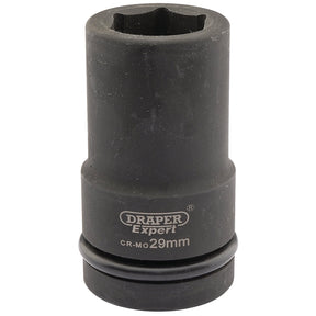 The Draper Expert Hi-Torq® 6 Point Deep Impact Socket, 1" Sq. Dr., 29mm - 425D-MM is precisely crafted for rigorous tasks. Constructed from tough black CR-MO material, this socket offers excellent corrosion protection and superior durability. It is suitable for use with air, electric, or manual impact wrenches, ensuring top performance in demanding conditions.