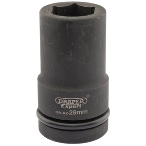 The Draper Expert Hi-Torq® 6 Point Deep Impact Socket, 1" Sq. Dr., 29mm - 425D-MM is precisely crafted for rigorous tasks. Constructed from tough black CR-MO material, this socket offers excellent corrosion protection and superior durability. It is suitable for use with air, electric, or manual impact wrenches, ensuring top performance in demanding conditions.