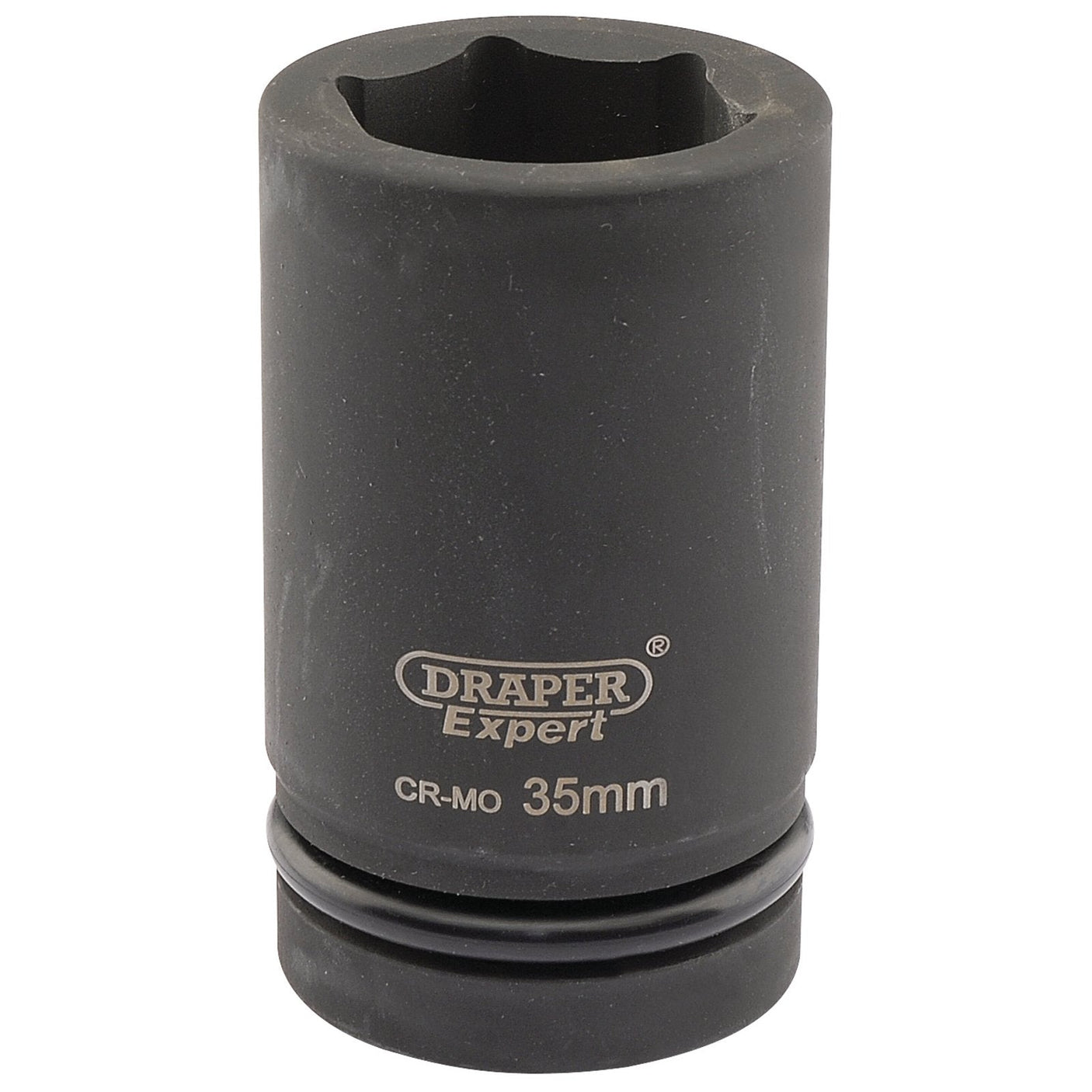 A black Draper Expert Hi-Torq® 6 Point Deep Impact Socket, 1" Sq. Dr., 35mm - 425D-MM, perfect for use with air impact wrenches and featuring durable chrome molybdenum construction.