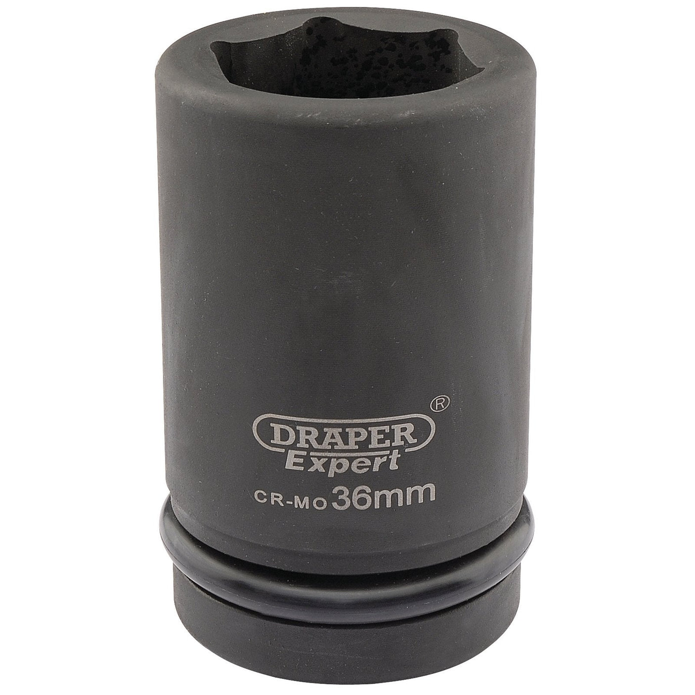 The Draper Expert Hi-Torq® 6 Point Deep Impact Socket, 1" Sq. Dr., 36mm - 425D-MM, is a black cylindrical socket with a hexagonal opening at the top, designed for professional use with impact wrenches. The branding and specifications are printed on the side.