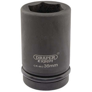 The Draper Expert Hi-Torq® 6 Point Deep Impact Socket, 1" Sq. Dr., 36mm - 425D-MM, is a black cylindrical socket with a hexagonal opening at the top, designed for professional use with impact wrenches. The branding and specifications are printed on the side.