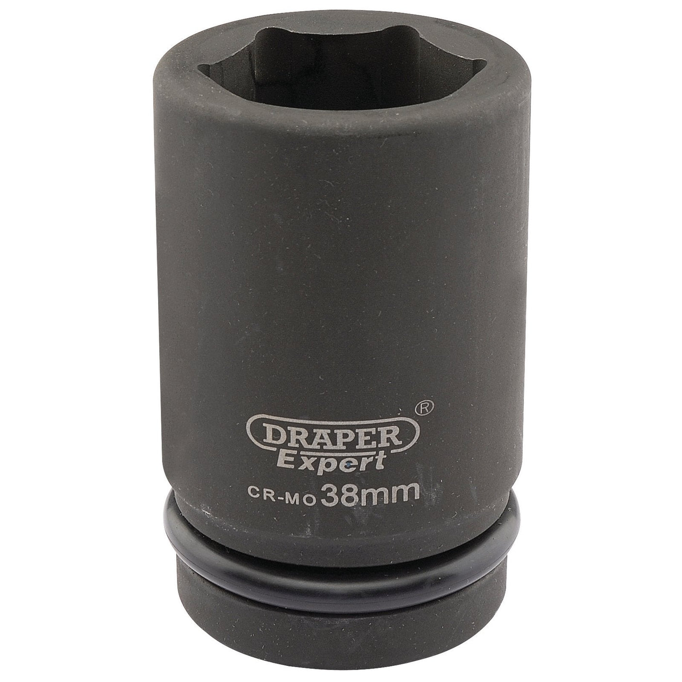 A black 38mm Draper Expert Hi-Torq® 6 Point Deep Impact Socket with a 1" square drive features the branding "Draper Expert HI-TORQ®" on its chrome molybdenum hardened body.