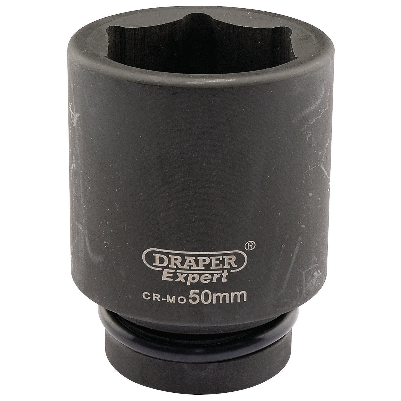 The Draper Expert Hi-Torq® 6 Point Deep Impact Socket, 1" Sq. Dr., 50mm - 425D-MM, in black, is made from chrome molybdenum and features a hexagonal opening with a cylindrical design. Ideal for use with air wrenches.