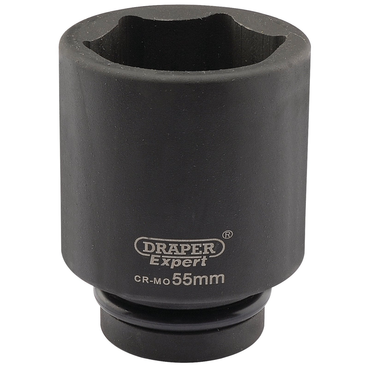 A Draper Expert Hi-Torq® 6 Point Deep Impact Socket, 1" Sq. Dr., 55mm - 425D-MM, made from durable chrome molybdenum, displayed against a white background.