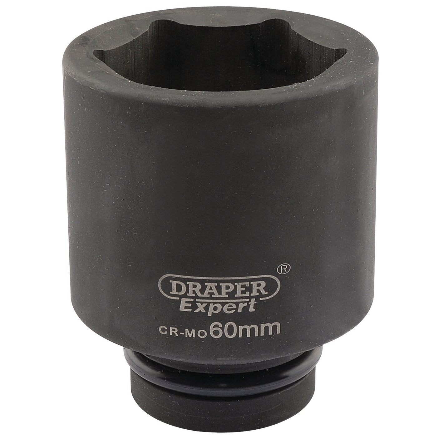 A black Draper Expert Hi-Torq® 6 Point Deep Impact Socket, 1" Sq. Dr., 60mm - 425D-MM, crafted with durable chrome molybdenum and engraved with "CR-MO.