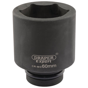 A black Draper Expert Hi-Torq® 6 Point Deep Impact Socket, 1" Sq. Dr., 60mm - 425D-MM, crafted with durable chrome molybdenum and engraved with "CR-MO.