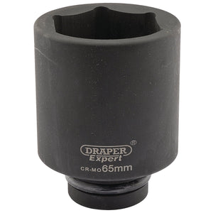 A Draper Expert Hi-Torq® 6 Point Deep Impact Socket, 65mm with a hexagonal opening and 1" square drive impact compatibility.