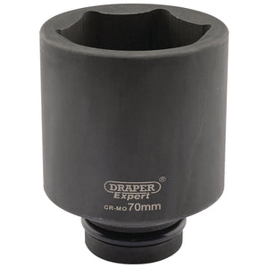 A Draper Expert Hi-Torq® 6 Point Deep Impact Socket, 1" Sq. Dr., 70mm - 425D-MM made from CR-MO (chrome molybdenum) material, designed for use with 1" square drive impact sockets and compatible with air impact wrenches.