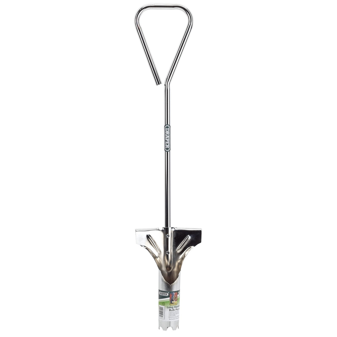 The Draper Long Handled Bulb Planter - 3082LH/ST by Draper is a long-handled tool made from chrome-plated carbon steel, featuring a V-shaped handle and serrated edges at the digging end.