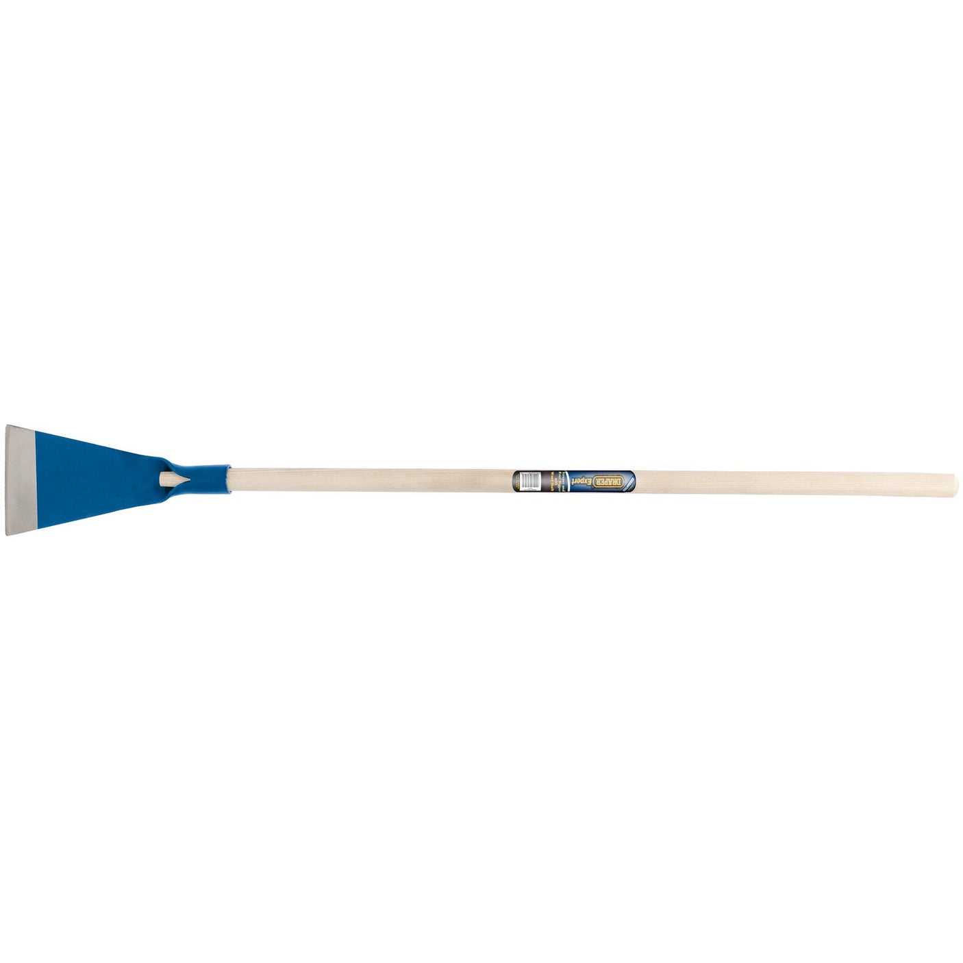 The Draper Scraper And Root Digger With Wood Shaft - HDS/RD, featuring a long wooden handle and a hardened, sharpened blue metal blade, is perfect for carpet tile removal or general scraping tasks.