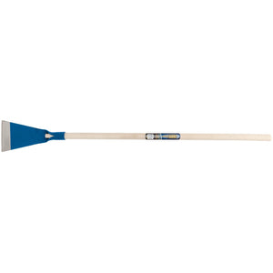 The Draper Scraper And Root Digger With Wood Shaft - HDS/RD, featuring a long wooden handle and a hardened, sharpened blue metal blade, is perfect for carpet tile removal or general scraping tasks.