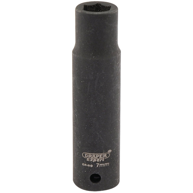 Introducing the Draper Expert Hi-Torq® 6 Point Deep Impact Socket, 1/4" Sq. Dr., 7mm - 406D-MM by Draper, a black, cylindrical socket with a hexagonal opening. Crafted from durable chrome molybdenum for use with air wrenches, it's a perfect addition for those needing reliable impact sockets.