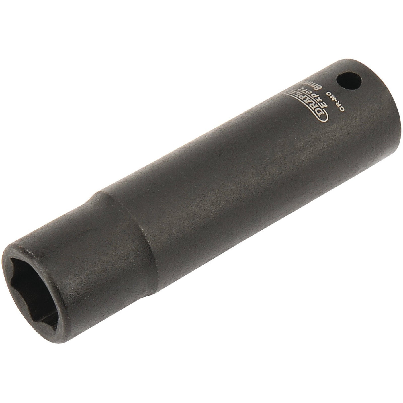 A Draper Expert Hi-Torq® 6 Point Deep Impact Socket, 1/4" Sq. Dr., 8mm - 406D-MM with a hexagonal opening and a manufacturer's label printed on the side, made from durable chrome molybdenum steel as part of the Draper Expert HI-TORQ® range.