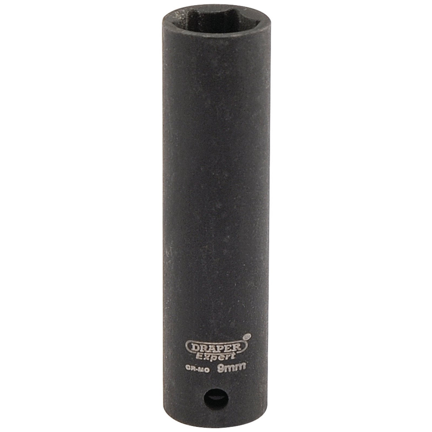 The Draper Expert Hi-Torq® 6 Point Deep Impact Socket, model 406D-MM, features a 1/4" square drive and a 9mm size. It has a black finish and cylindrical shape, and is forged from chrome molybdenum for use with wrenches and ratchets.