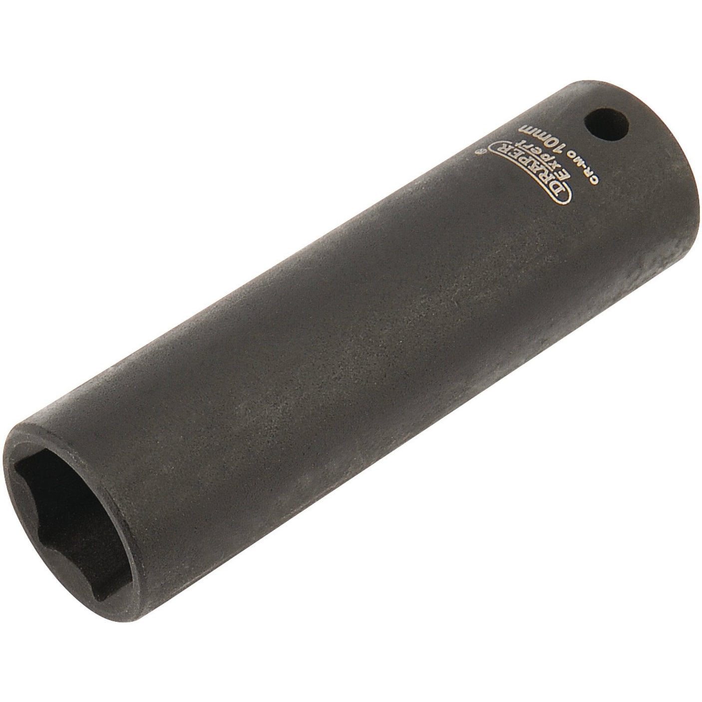 The Draper Expert Hi-Torq® 6 Point Deep Impact Socket, 1/4" Sq. Dr., 10mm - 406D-MM, is a cylindrical black socket wrench ideal for air wrenches. It has "3/8 10mm" and "Made in Taiwan" inscribed on the side. Constructed from durable chrome molybdenum, this impact socket ensures reliable performance.