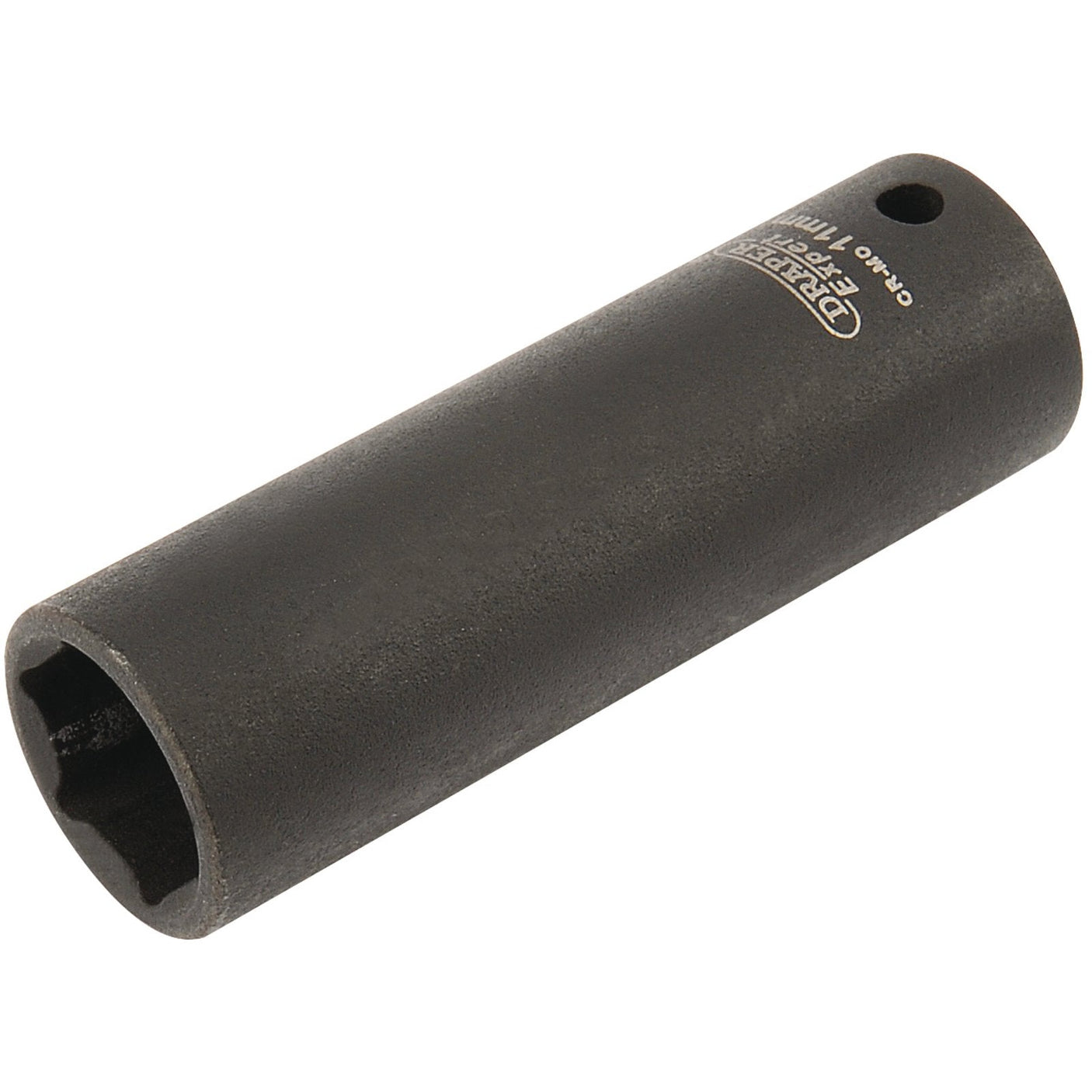 A Draper Expert Hi-Torq® 6 Point Deep Impact Socket, 1/4" Sq. Dr., 11mm (Model: 406D-MM) is a black, cylindrical socket made from durable chrome molybdenum, featuring branded labeling and size specification on one end.