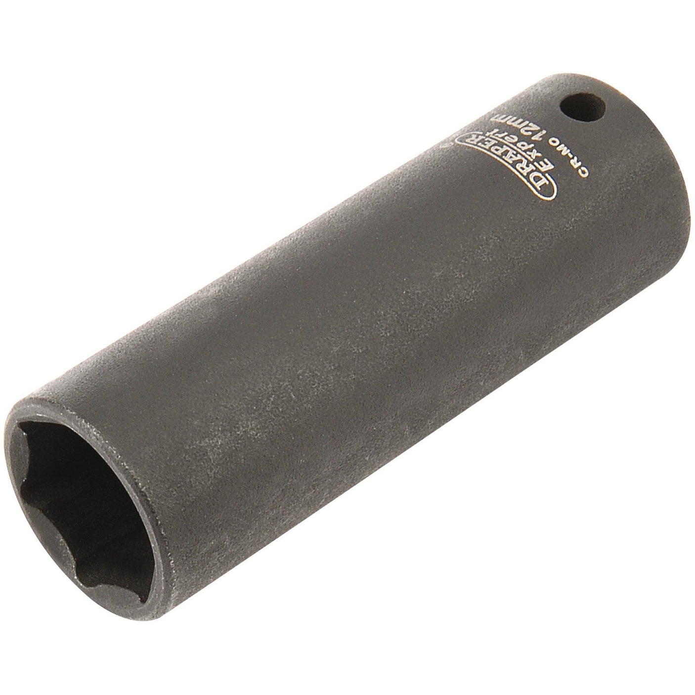 The Draper Expert Hi-Torq® 6 Point Deep Impact Socket, 1/4" Sq. Dr., 12mm - 406D-MM, is a black, cylindrical socket wrench made from durable chrome molybdenum, featuring a hexagonal opening on one end and the Draper brand label on its side.