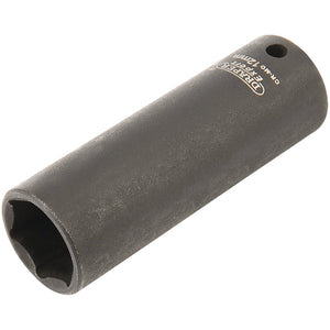 The Draper Expert Hi-Torq® 6 Point Deep Impact Socket, 1/4" Sq. Dr., 12mm - 406D-MM, is a black, cylindrical socket wrench made from durable chrome molybdenum, featuring a hexagonal opening on one end and the Draper brand label on its side.