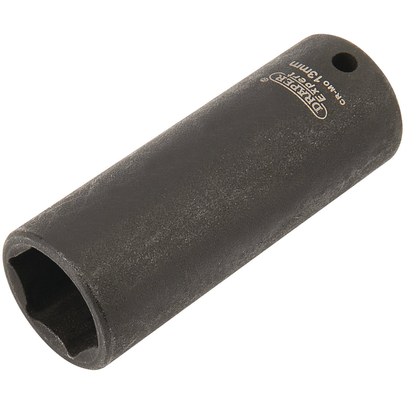 The Draper Expert Hi-Torq® 6 Point Deep Impact Socket, 1/4" square drive, 17mm - 406D-MM, comes with a black finish and features a six-point design and a hole at the drive end. Crafted from durable chrome molybdenum, it is ideal for use with air wrenches.