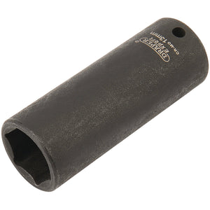 The Draper Expert Hi-Torq® 6 Point Deep Impact Socket, 1/4" square drive, 17mm - 406D-MM, comes with a black finish and features a six-point design and a hole at the drive end. Crafted from durable chrome molybdenum, it is ideal for use with air wrenches.