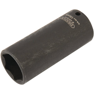 A black, cylindrical deep socket wrench attachment marked with a 15mm size and Draper's brand name depicted on its side. Made from durable chrome molybdenum, the Draper Expert Hi-Torq® 6 Point Deep Impact Socket, 1/4" Sq. Dr., 15mm - 406D-MM also features corrosion protection for longevity.