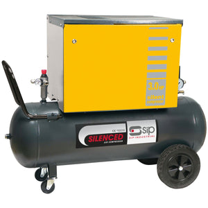 The SIP - PB3800/3M/200 Silenced Piston Compressor (SIP-05202) is an industrial compressor featuring a yellow noise-reduced housing unit, mounted on a black wheeled tank, with SIP branding.