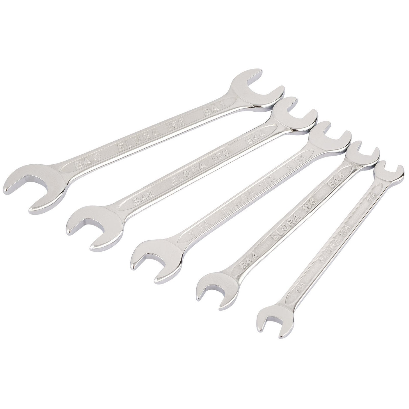 The Draper Midget Ba Open End Spanner Set (5 Piece) - 156 /5/BA/P, made from chrome vanadium steel, features five wrenches in varying sizes arranged from largest to smallest, offering excellent corrosion protection. Ideal for use in limited space.